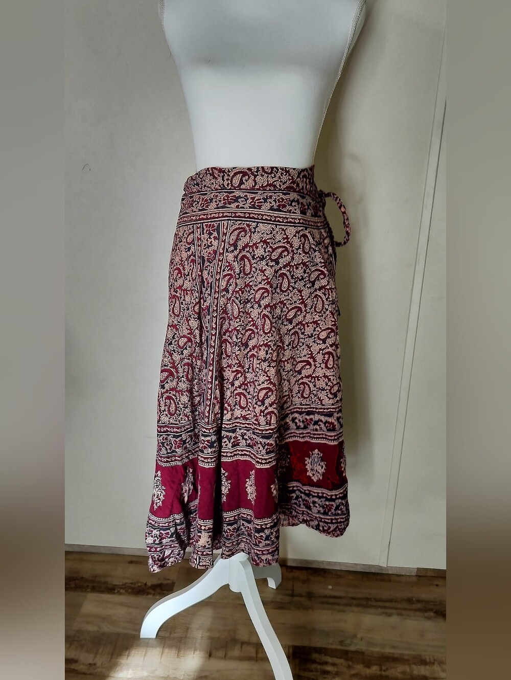 Paisley Wrap Midi Skirt in Burgundy and Cream